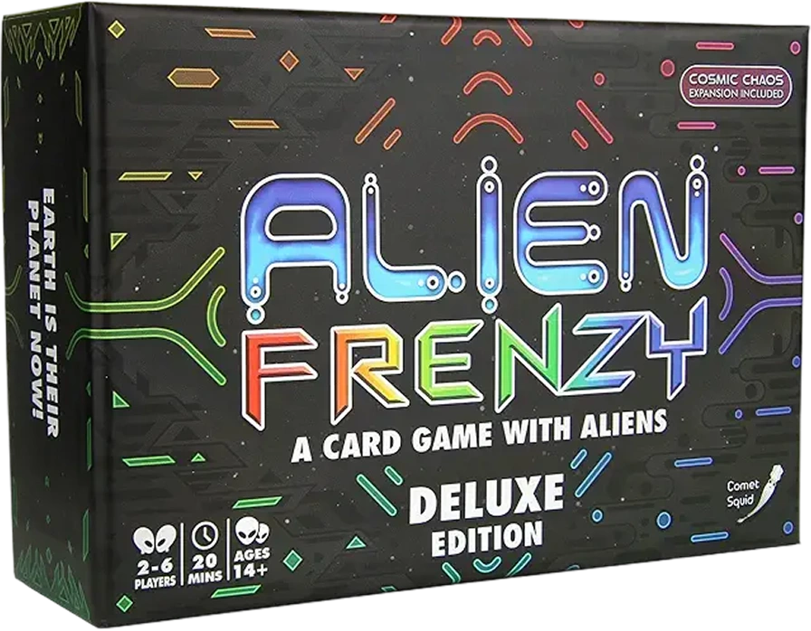 kleurrijk scifi-kaartspel met neonontwerp, buitenaards thema, snelle, chaotische gameplay en futuristische elementen op een donkere achtergrond