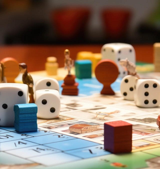 Een kleurrijke bordspel scène met dobbelstenen, verschillende speelstukken en miniatuurfiguren op een houten tafel, die een speelse en strategische sfeer uitstraalt.
