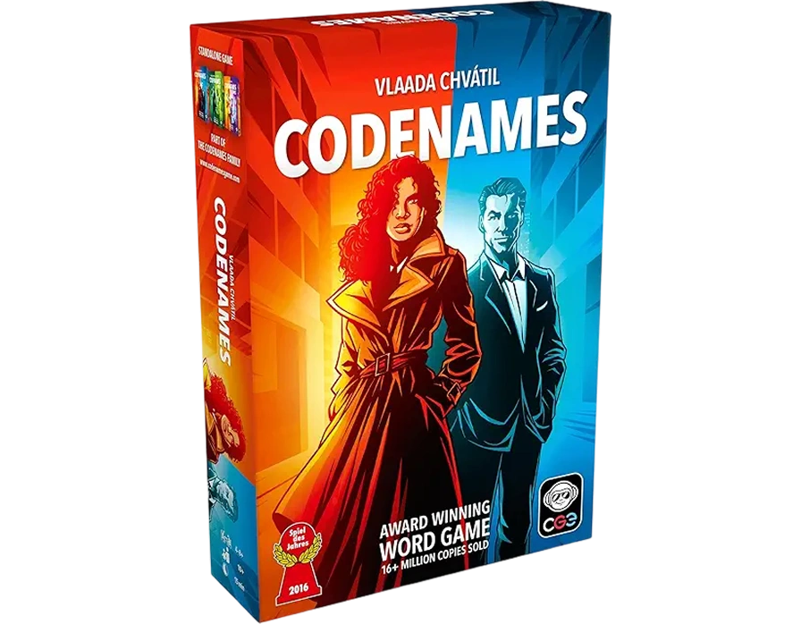 teamwoordassociatiebordspel met spionagethema, waarbij spelers woorden raden op basis van aanwijzingen en verborgen verbanden