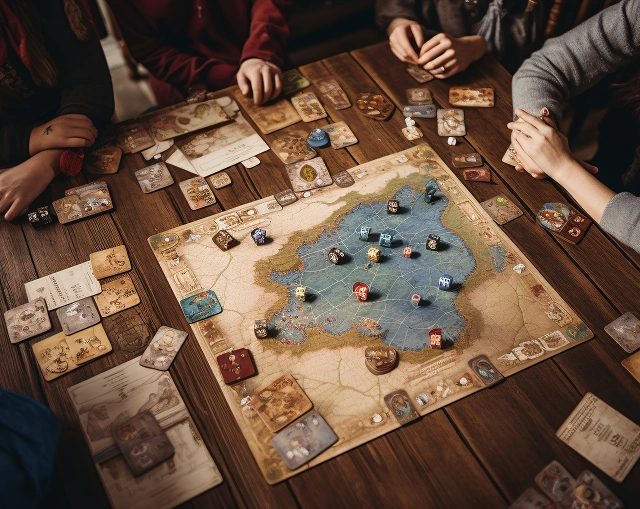 Een groep mensen speelt een strategisch bordspel op een houten tafel, met een kaart, kaarten en dobbelstenen. De sfeer is gefocust en samenwerkend.