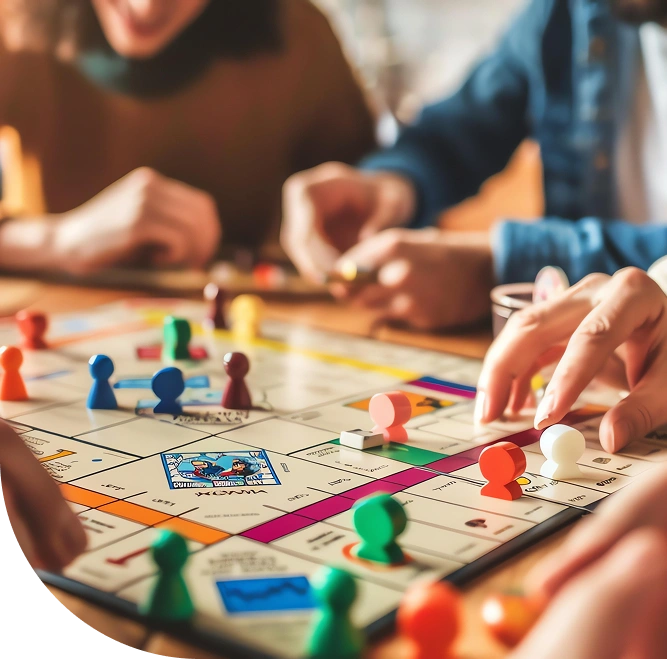 Een groep mensen speelt enthousiast een kleurrijk bordspel en verplaatst stukken over het bord. De setting is gezellig en straalt vreugde en interactie uit.
